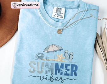 Embroidered Summer Vibes Beach Comfort Colors® T-Shirts: Vacation Flip Flops, Embroidery Summer Trip Shirt, Oversized Beach Shirt