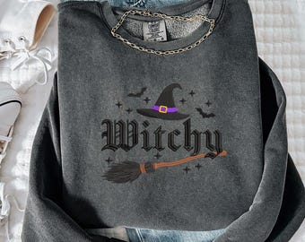 EMBROIDERED Witchy Halloween Comfort Colors Long Sleeve T-shirts: Gift for Halloween, Bat and Broomstick Witch Costume, Spooky T-shirt Gift