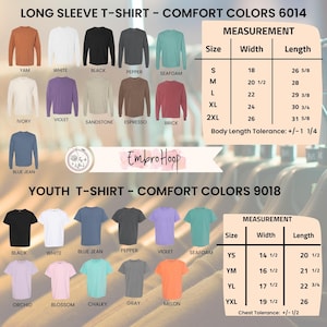 Pode incluir: Imagem de camisetas de manga comprida e juvenis em v&aacute;rias cores, incluindo preto, branco e azul. As medidas s&atilde;o fornecidas em polegadas, com detalhes sobre o comprimento do corpo e a toler&acirc;ncia do peito.