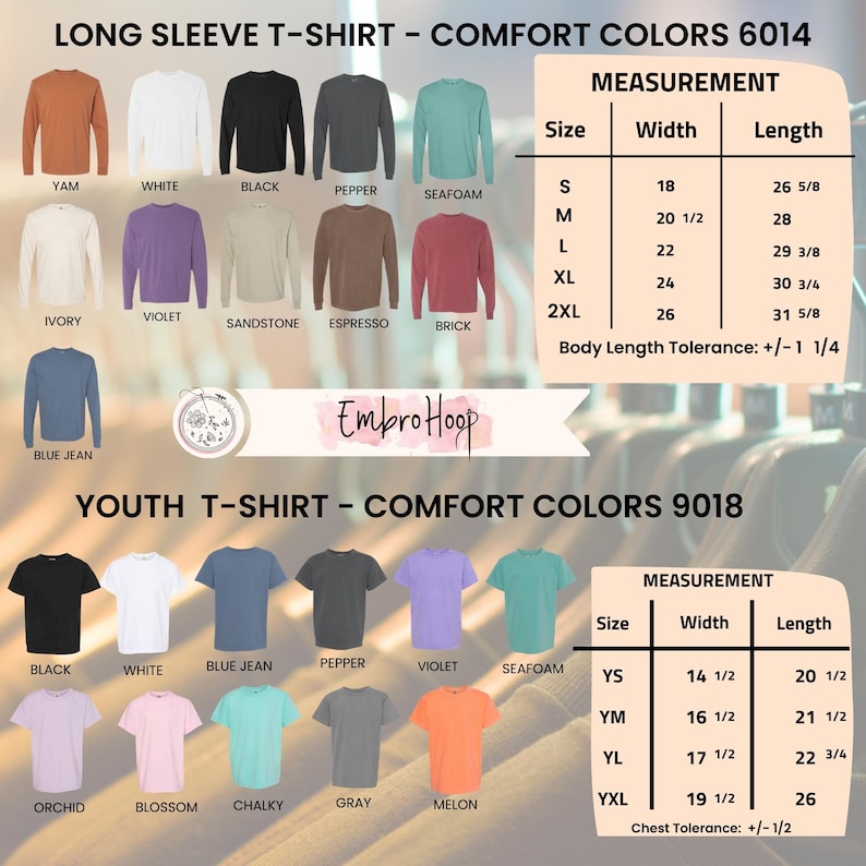 Pode incluir: Imagem de camisetas de manga comprida e juvenis em v&aacute;rias cores, incluindo preto, branco e azul. As medidas s&atilde;o fornecidas em polegadas, com detalhes sobre o comprimento do corpo e a toler&acirc;ncia do peito.