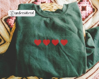 Embroidered Mini Hearts Vintage Sweatshirt, XOXO Embroidered Sweatshirt, Elegant Valentine's Sweatshirt, Unique Embroidery Hoodie
