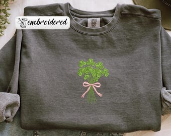 Comfort Colors® Embroidered Shamrocks Coquette Shirt, St Patrick's Day Irish Sweatshirt, Shamrock Bouquet, St Patrick Coquette Gift