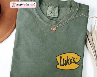 Comfort Colors® Luke’s Embroidered Diner Shirt, Cozy Coffee Shop Tee, Gilmore Inspired Girls Fall Pullover, Vintage Cafe Lover Gift