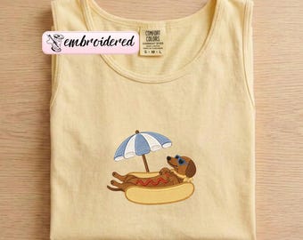 Embroidered Funny Dachshund Comfort Colors Tank Top: Summer Hot Dog Tank Tops, Gift For Dog Mom