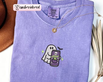 EMBROIDERED Spooky Ghost Alani Halloween Comfort Colors® T-Shirt, Cute Fall Embroidery Tee, Cozy Ghost Top, Spooky Season Gift