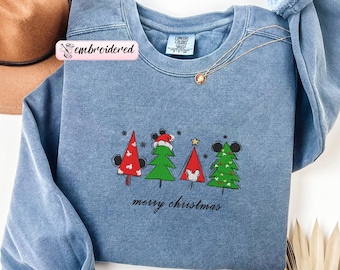 Sweat-shirt brodé Disney Joyeux Noël Couleurs Confort : T-shirt des fêtes de Disneyland, T-shirt de Noël Mickey et Minnie, Voyage en famille à Disney