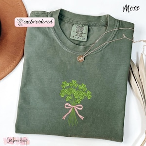Comfort Colors® Embroidered Shamrocks Coquette Shirt, St Patrick's Day Irish Sweatshirt, Shamrock Bouquet, St Patrick Coquette Gift
