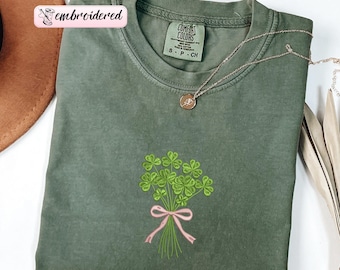 Comfort Colors® Embroidered Shamrocks Coquette Shirt, St Patrick's Day Irish Sweatshirt, Shamrock Bouquet, St Patrick Coquette Gift