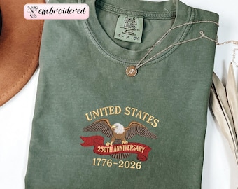 Comfort Colors® Embroidery 250th Anniversary USA Eagle Shirt, 1776-2026 Anniversary Sweater, USA Patriotic Eagle 4th of July Shirt