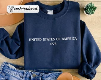 Embroidered USA 1776 Sweatshirt, 250th America Anniversary Sweat, Vintage Independence Day Hoodie, Patriotic USA Hoodie