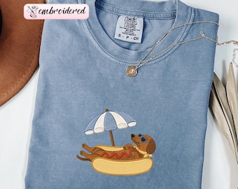 Embroidered Funny Dachshund Comfort Colors Shirt: Summer Hot Dog Tee, Gift For Dog Mom