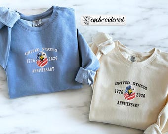 Chemises brodées Comfort Colors® États-Unis 1776-2026, col rond aigle patriotique, chemise 250e anniversaire, sweat-shirt patriotique