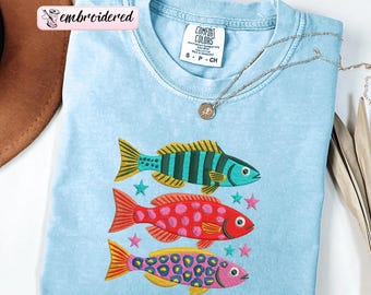Embroidered Comfort Colors Fish Shirt,  Summer Boho Tee, Coastal Beach Tee, Tropical Bright Color Fish, Retro Graphic Ocean Life Tee