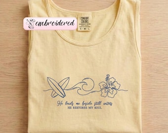 Embroidered Christian Comfort Colors® Tank Top, Bible Verse Tank Top, Gift For Christian, He Restores My Soul, Christian Summer Tee