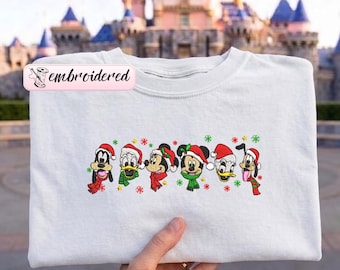 EMBROIDERED Mickey And Friends Christmas Comfort Colors T-Shirt, Disney Tee, Disneyland Xmas Family Holiday Tee, Christmas Family Matching