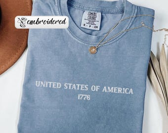 Comfort Colors® Embroidered USA 1776 Shirt, 250th America Anniversary Tee, Vintage Independence Day Shirt, Patriotic USA Shirt
