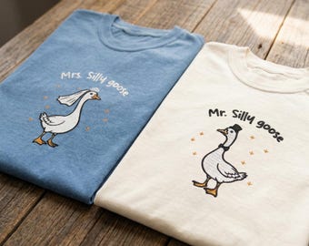Comfort Colors® Embroidered Mrs. and Mr. Silly Goose Shirt, Newlyweds Tee, Honeymoon Tee, Matching Married Couple Tee, Couple Anniversary
