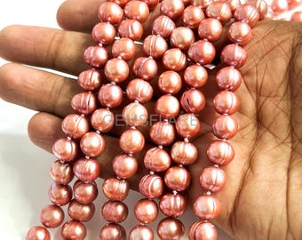 Natural Pink Freshwater Pearl Beads, Peach Color Pearl Beads, Round Pearl Beads for Jewelry Making, Large Pearl Bead, Pink Pearl Beads 15"