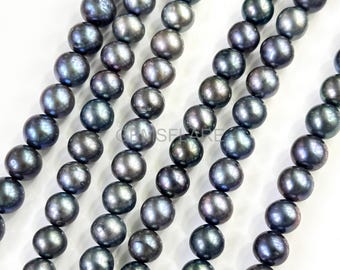 Black Freshwater Pearl Round Shape Beads Grey Pearl Beads Strand, Perfect Round Pearl Beads 8mm Genuine Pearl Beads for Jewelry Making, 15"