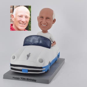 Personalized 70th Birthday Bobblehead – Custom Vintage Car Figurine for Car Lovers