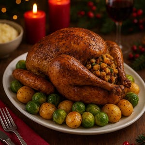 Puede incluir: Un pavo asado en una fuente blanca, rodeado de coles de Bruselas y patatas pequeñas. Dos velas rojas arden en el fondo, con una copa de vino tinto y puré de patatas.