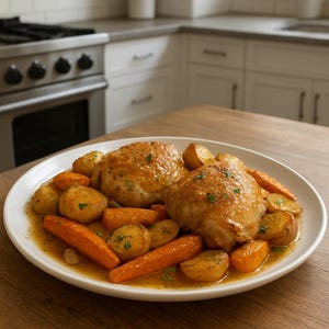 Puede incluir: Un plato de muslos de pollo asados con zanahorias y patatas. El pollo tiene una piel dorada y está adornado con perejil. Las zanahorias son de color naranja brillante y las patatas son doradas.