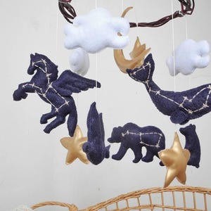Op de afbeelding: Een baby mobile met een hemels thema, met marineblauwe vilten figuren van een Pegasus, walvis, beer en sterren, met witte wolken en een gouden maan. De figuren hangen aan een bruine geweven ring.