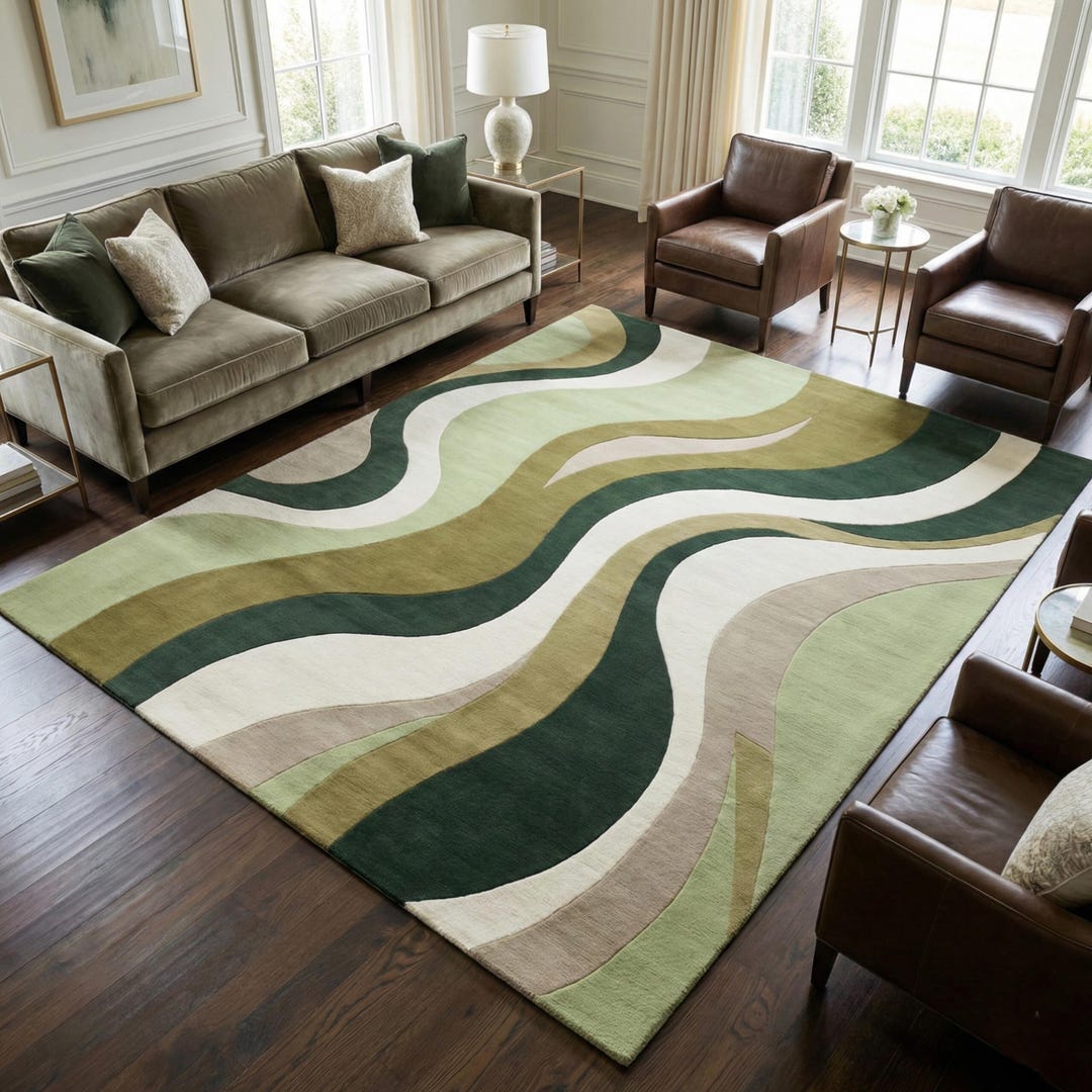 Green Earthy Pattern Rug Modern Green Abstract Area Rug – Contemporary Wave Pattern Carpet – Mid ...