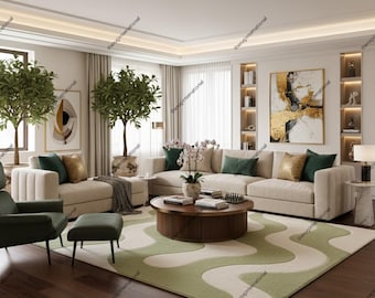 Modern Abstract Green Rug 7X10 8X10 9X12 Organic Shape Area Rug, Sage Green Living Room Carpet, Minimalist Contemporary Floor Rug