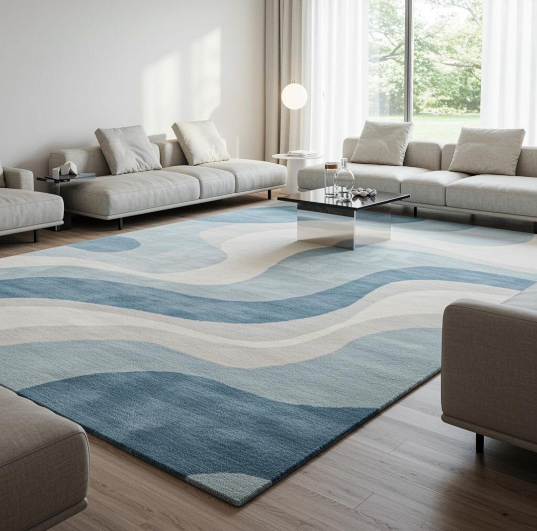 Modern Blue Wavy Area Rug 7X10 8X10 9X12 Abstract Wave Pattern Carpet ...