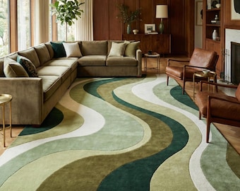 Hand Tufted Green Area Rug 7X10 8X10 Modern Abstract Wave Wool Carpet, Contemporary Living Room Bedroom Statement Rug