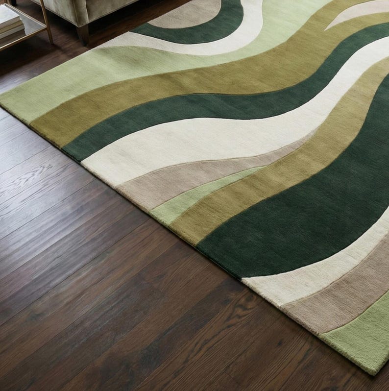 Moevment Rugs Modern Green Abstract Area Rug – Contemporary Wave Pattern Carpet – Mid ...