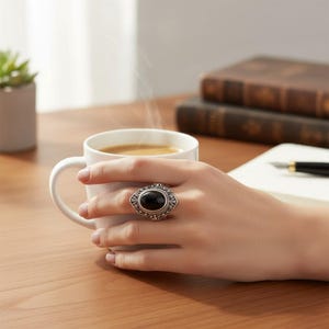 Schwarzer Onyx Sterling Silber Ring, Gothic Oval Edelstein Statement Ring, Unisex Silber Ring, Schutzstein Schmuck Geschenk