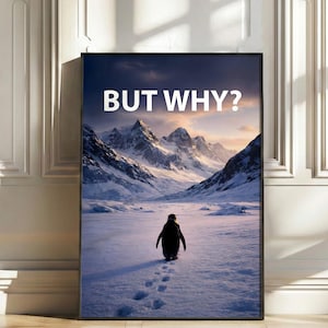 Puede incluir: Impresión enmarcada que muestra un pingüino caminando en un paisaje nevado hacia montañas cubiertas de nieve bajo un cielo nublado. El texto "BUT WHY?" se muestra en la parte superior de la imagen.