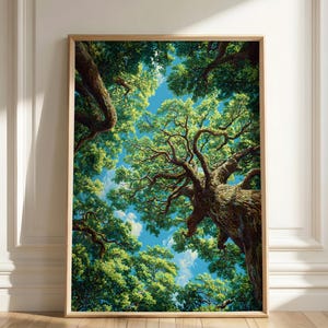Tree Canopy Art Print | Looking Up Forest Poster | Green Nature Wall Art | Woodland Ceiling View | Anime Style Decor