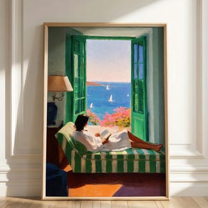 Lámina artística Mujer leyendo, Arte de pared para amantes de los libros, Póster de verano italiano, Vista de ventana mediterránea, Decoración de rincón de lectura