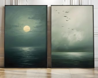 Japandi Wall Art Set of 2, Sage Green Moody Seascape, Zen Scandinavian Decor, Minimalist Wabi Sabi Art, Neutral Ocean Prints