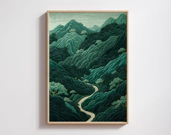 Wabi Sabi Wall Art, Framed Sage Green Forest Poster, Japandi Mountain Landscape, Japanese Aesthetic Decor