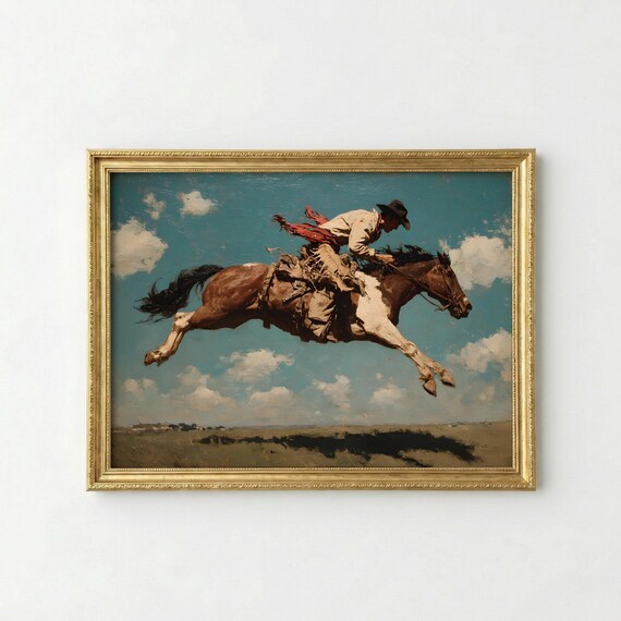 Vintage Bucking Bronco Cowboy Print, Western Oil Painting Wall Art, Retro Rodeo Poster, Southwestern Boho Decor, Horse Rider Ranch Wall Art