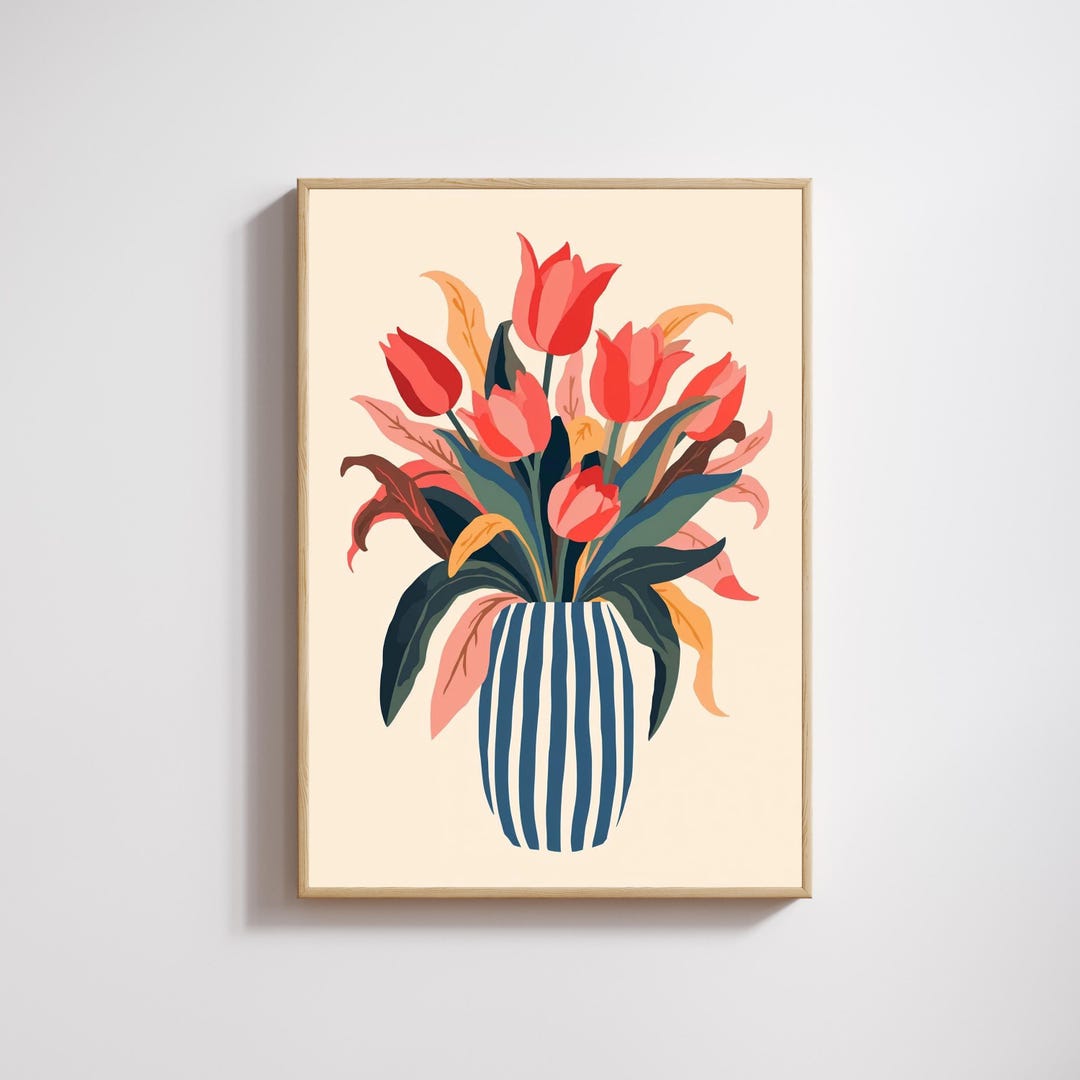 Tulip Wall Art Print, Modern Floral Vase Illustration Poster, Colorful ...