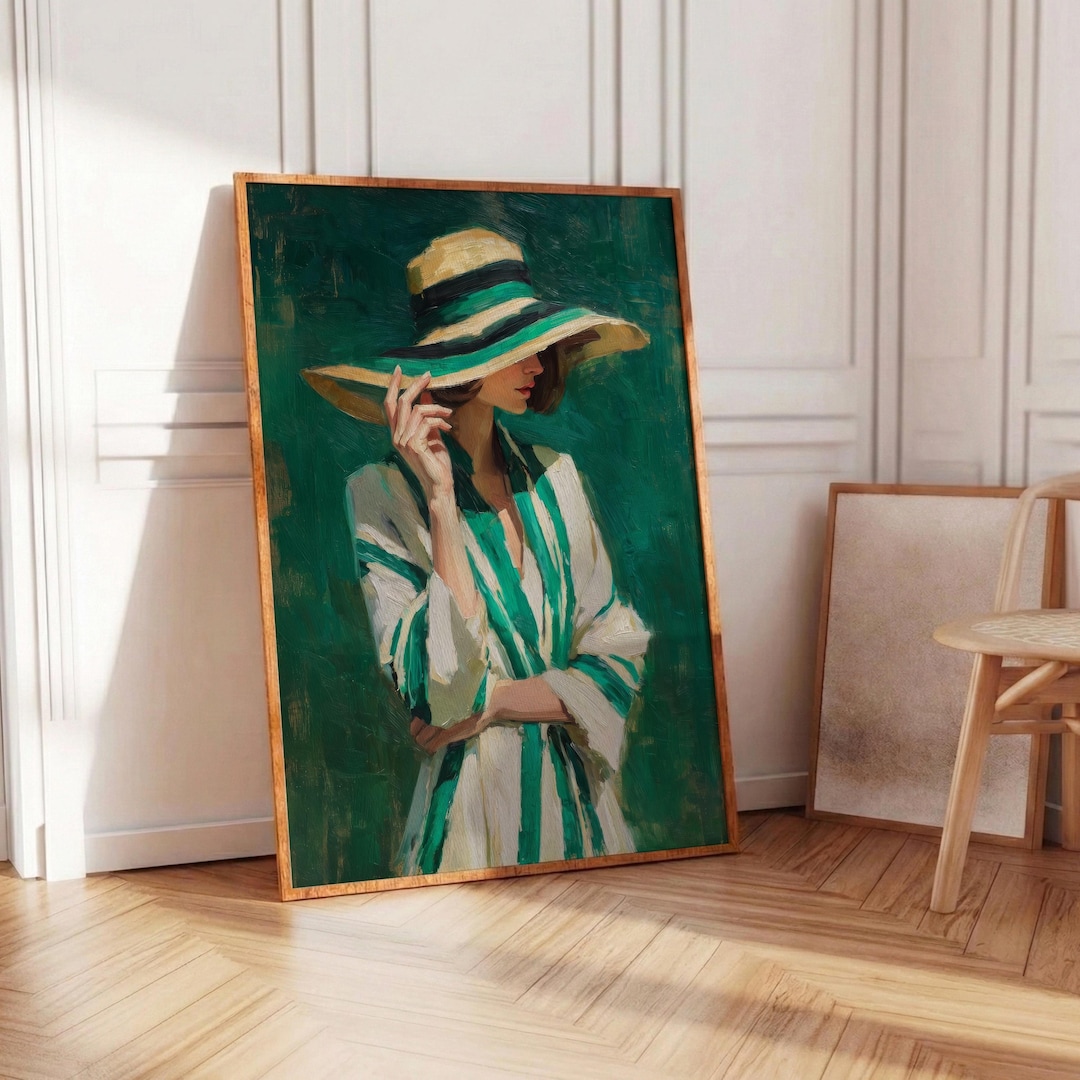 Emerald Green Style Woman Art Print - Elegant Striped Hat Poster ...