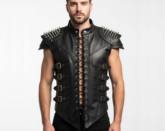 Handmade Men's Leather Armor Vest | Black Leather Biker Vest for Him | Customization Available | Spikes Removeable