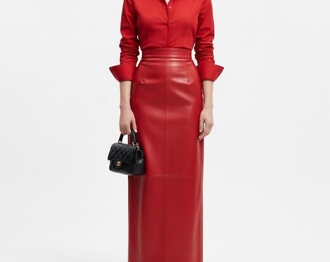Red Leather Maxi Skirt | High Waisted Genuine Lambskin Long Skirt | Slim Fit A-Line Pencil Skirt for Women, Elegant Fashion