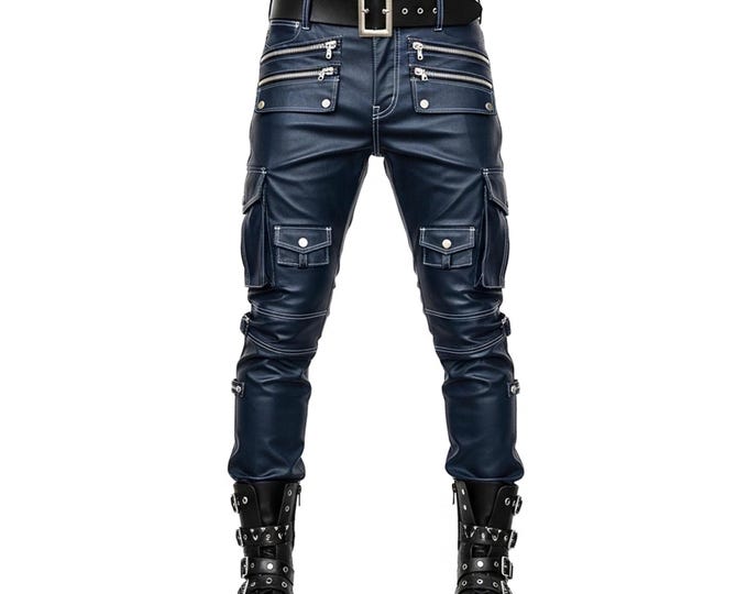 Navy Blue Leather Cargo Pants for Men | Gothic Techwear Buckle Trousers | Multi-Pocket Biker Pants | Slim Fit | Gift For Him