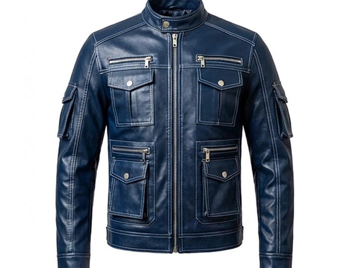 Navy Blue Leather Jacket Men, Slim Fit Biker Jacket with Contrast Stitching, Real Leather Utility Moto Coat, Gift for Him, Cargo Outerwear