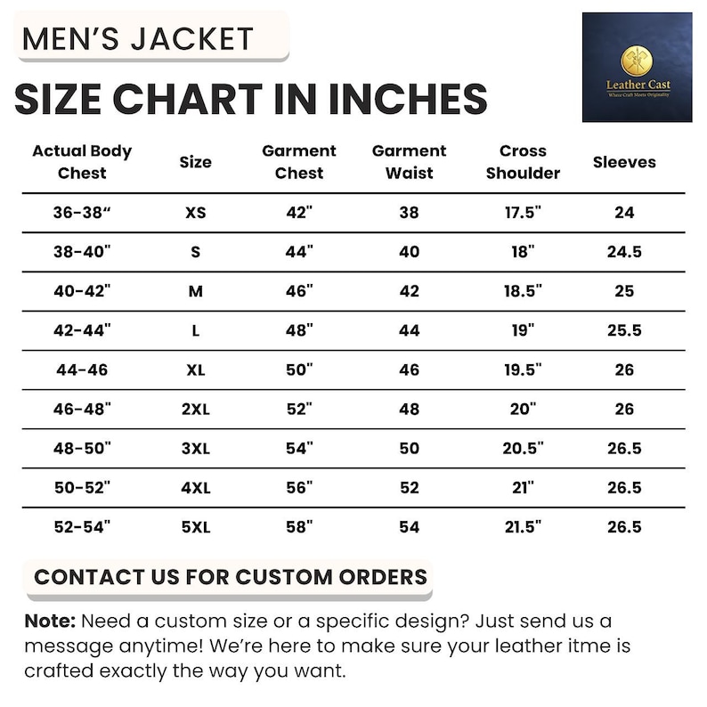 May include: A size chart for men's jackets, displaying measurements in inches. The chart includes sizes from XS to 5XL, with corresponding chest, waist, shoulder, and sleeve measurements. The chart also includes a logo for Leather Cast and a call to contact them for custom orders.