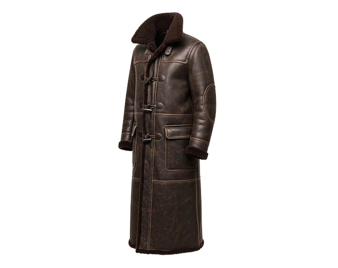 Men's Full Length Shearling Duffle Coat, Brown Distressed Leather Winter Trench, Sheepskin Fur Lined Long Overcoat, Toggle Closure Jacket