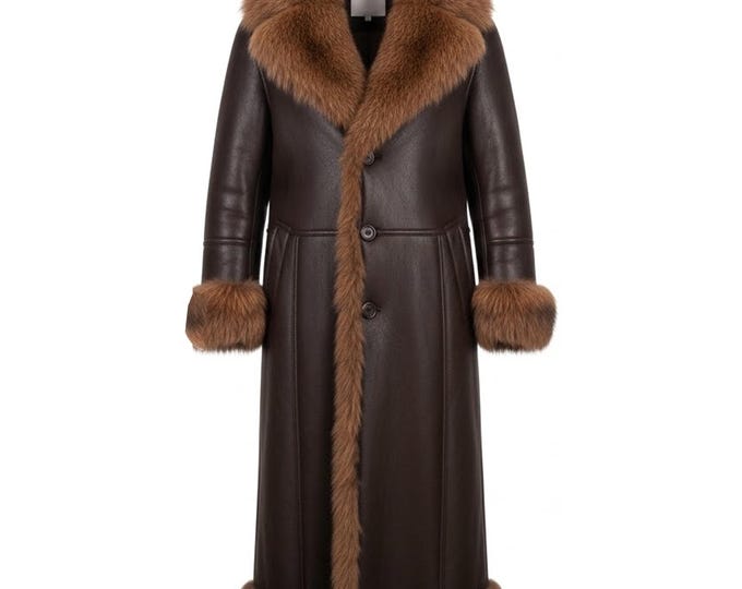 Womens Shearling Leather Coat with Fox Fur Trim | Handmade Sheepskin Winter Trench Jacket | Luxury Long Leather Overcoat | Gift for Her