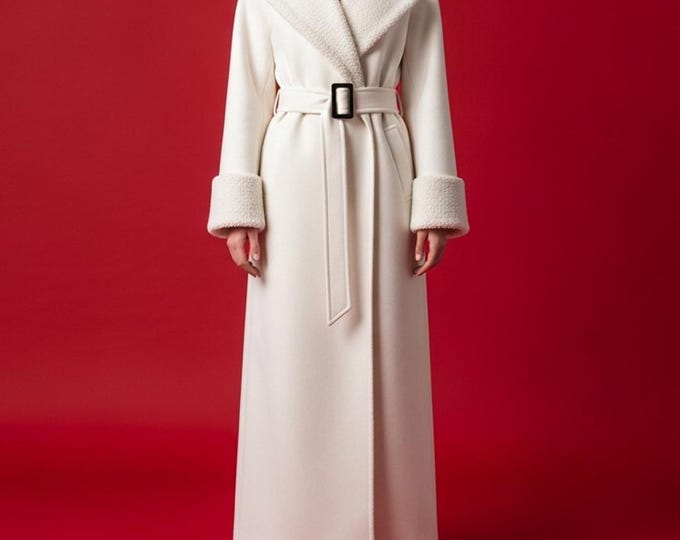 White Leather Luxury Shearling Maxi Coat for Women, Long Sheepskin Fur Trench, Warm Winter Overcoat,Premium Gift for Her