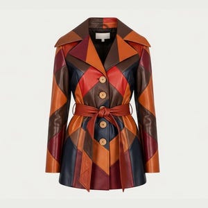 Könnte beinhalten: Ein Patchwork-Ledermantel in einem geometrischen Muster aus Braun, Orange, Rot und Marineblau. Der Mantel hat einen Reverskragen, einen Knopfverschluss und einen passenden Gürtel. Die Mantellänge ist mittig.